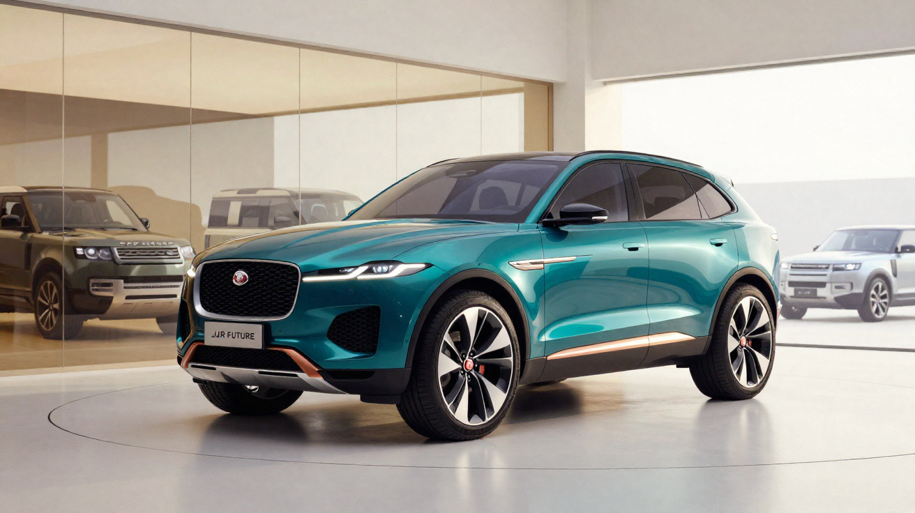 Türkisfarbener Jaguar SUV in modernem Autohaus mit reflektierenden Glaswänden, stilvolles Design und große Räder.
