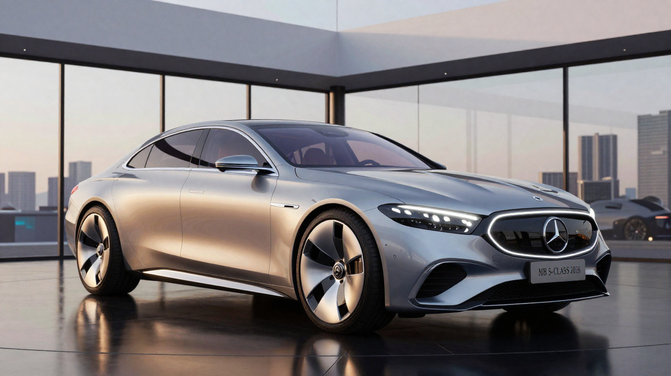 Silberner Mercedes-Benz S-Klasse 2023 vor Glasfenstern mit moderner Stadtansicht im Hintergrund