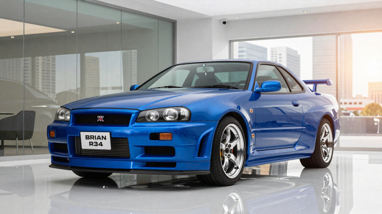 Blauer Nissan Skyline R34 GT-R in einem modernen, hellen Ausstellungsraum mit Glaswänden.