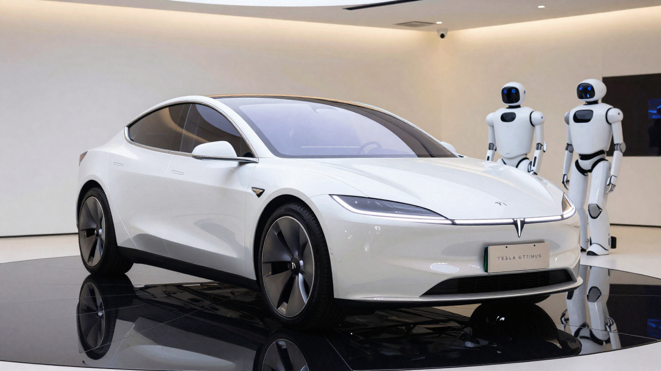 Weißes Tesla-Modellauto auf schwarzer Plattform mit zwei humanoiden Robotern im Hintergrund in weißem Raum.
