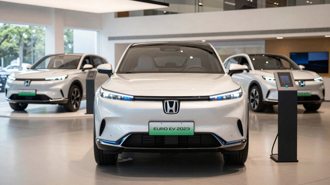 Drei weiße Honda Elektroautos in einem modernen Autohaus, Frontansicht, leuchtende Scheinwerfer.