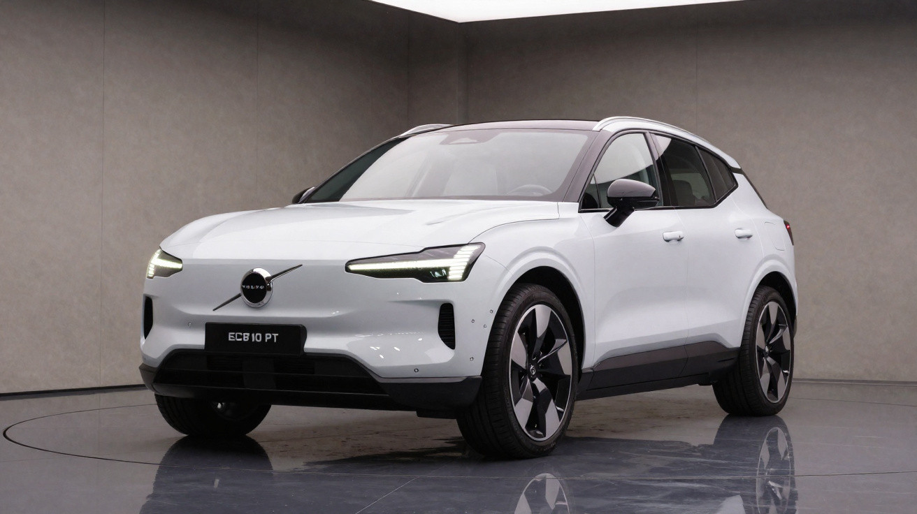 Weißer Volvo SUV Eletroauto EC60 PT in modernem Showroom mit grauen Wänden und glänzendem Boden.