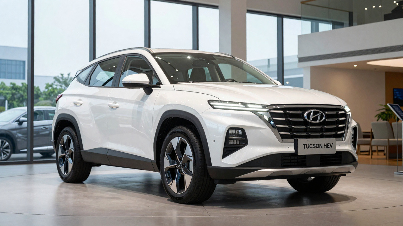 Weißer Hyundai Tucson HEV SUV in einem hellen, modernen Autohaus mit großen Fenstern.