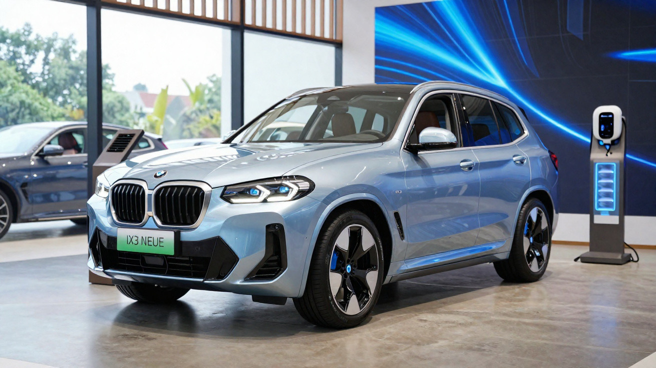 Silberner BMW iX3 Elektro-SUV in Ausstellungsraum neben Ladestation, moderne Architektur im Hintergrund.