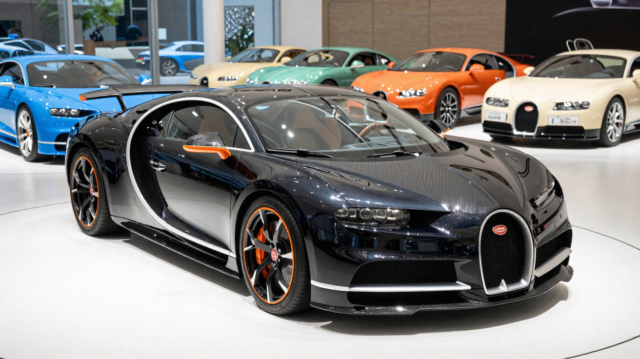 Schwarzer Bugatti Sportwagen mit orangen Akzenten in einer Ausstellungshalle mit weiteren Luxusautos im Hintergrund.