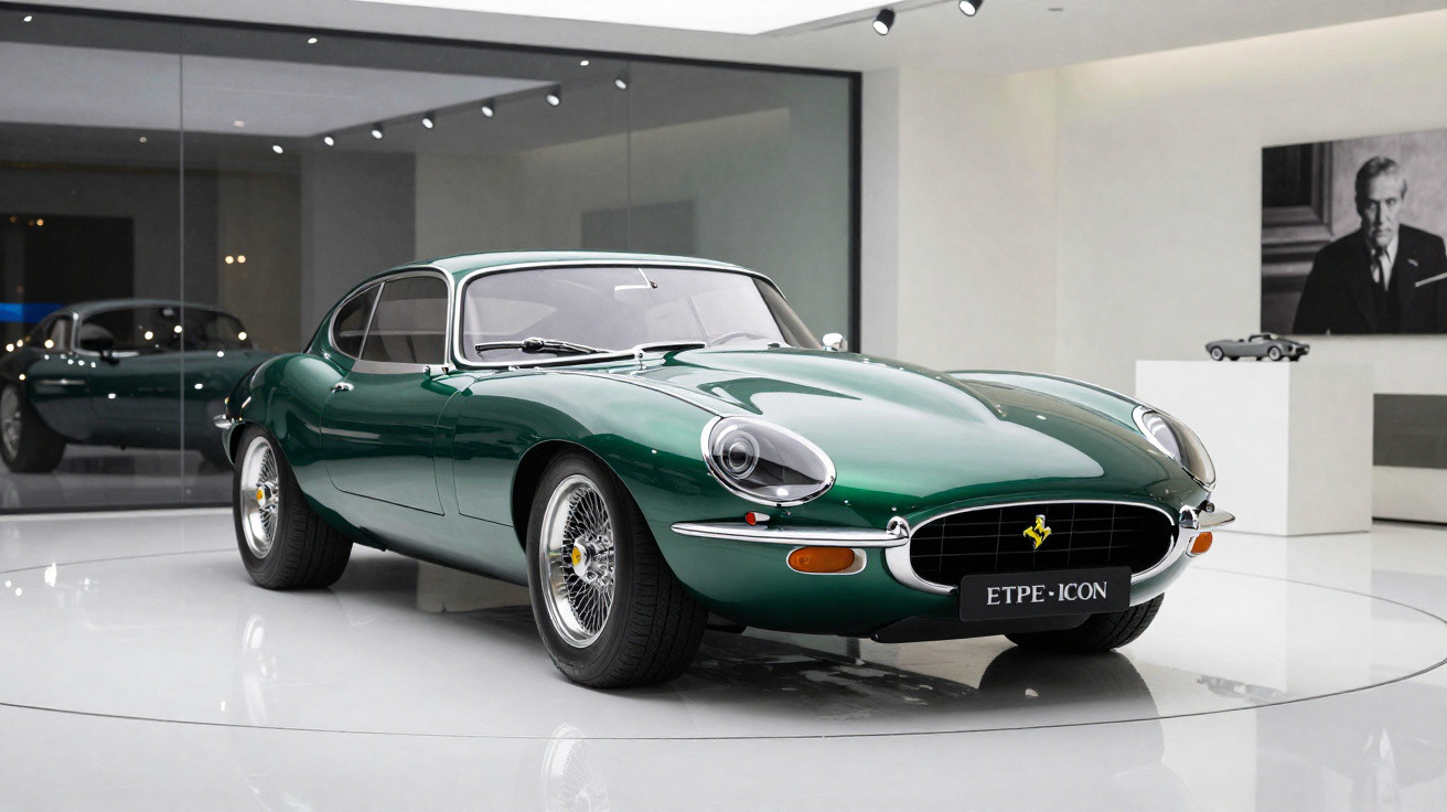 Grüner Jaguar E-Type Oldtimer im Ausstellungsraum mit Spiegelung und Porträt im Hintergrund.