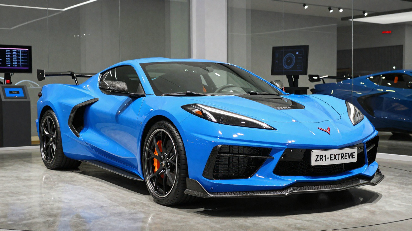 Blauer Chevrolet Corvette ZR1-Extreme Sportwagen in einer modernen Ausstellungshalle.