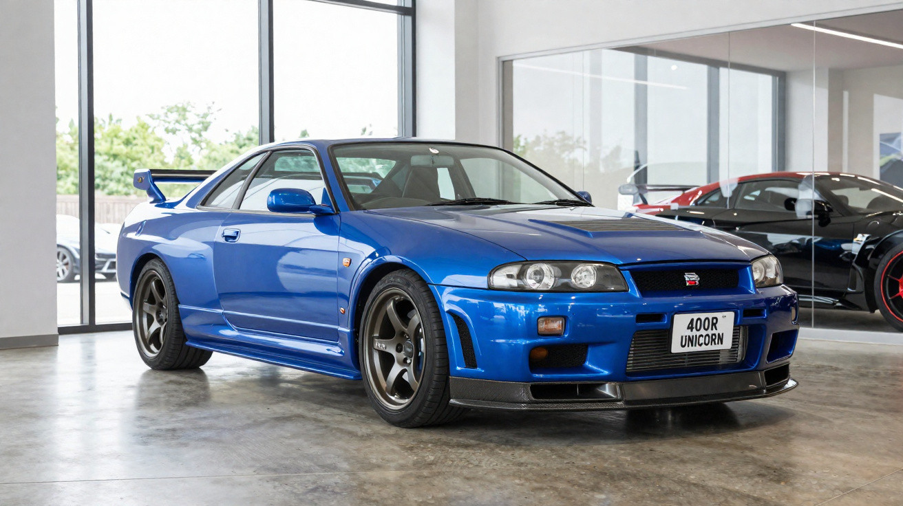 Blauer Nissan Skyline GT-R R33 mit Spoiler in einem modernen Showroom auf Betonboden.