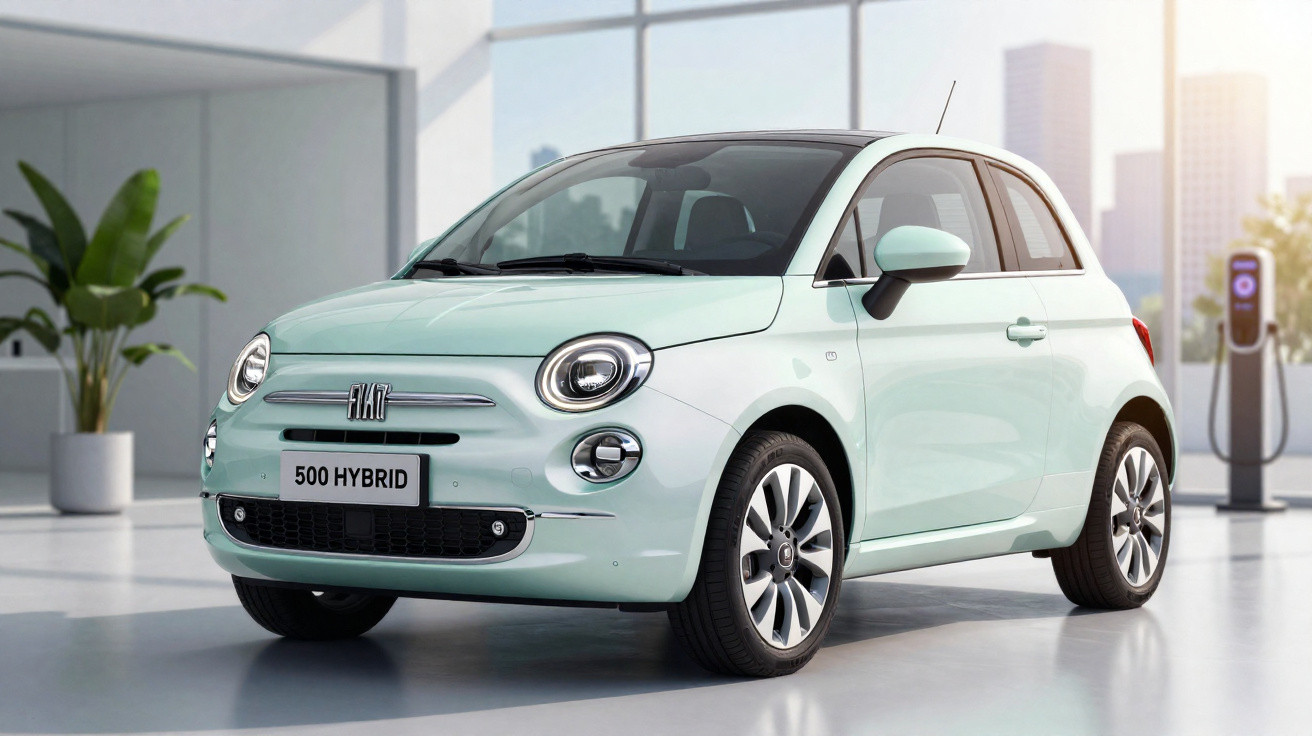 Hellgrüner Fiat 500 Hybrid in einem modernen Showroom mit Stadtblick und Ladestation im Hintergrund.