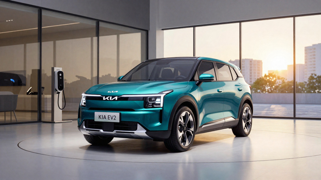 Grüner Kia EV2 Elektro-SUV im modernen Showroom mit Ladestation und Fensterblick auf Stadt bei Sonnenuntergang.
