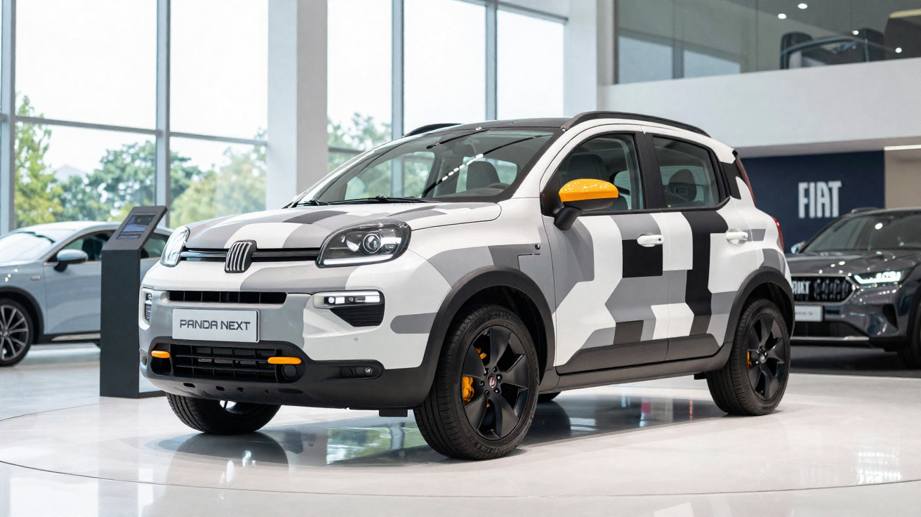 Fiat Panda Next in weiß-grauem Tarnmuster mit schwarzen Felgen und orangen Akzenten im Autohaus.