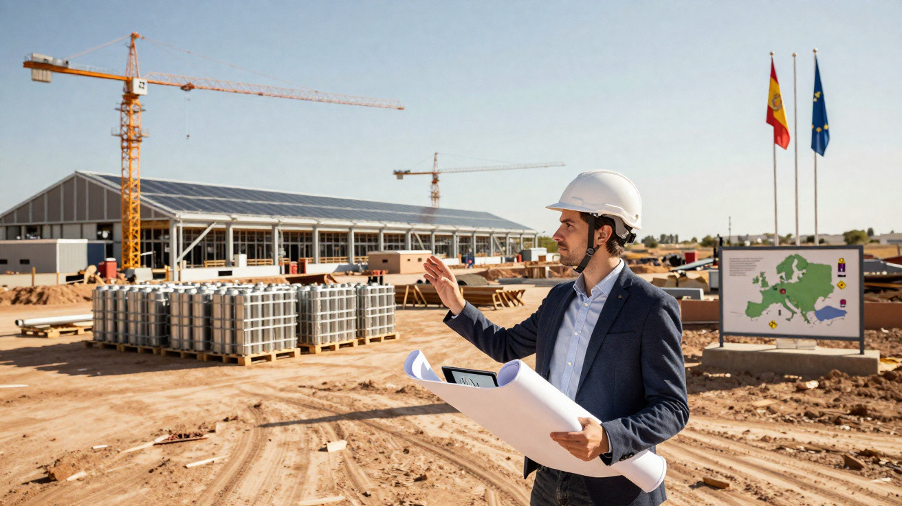 Bauleiter mit Helm und Bauplänen auf Baustelle vor Kranen und Gebäude mit Solarzellen bei klarem Himmel.