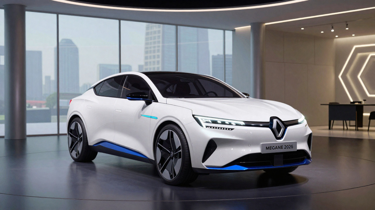 Weißer Renault Megane 2026 Elektroauto futuristisch präsentiert in modernem Showroom mit Stadtblick.