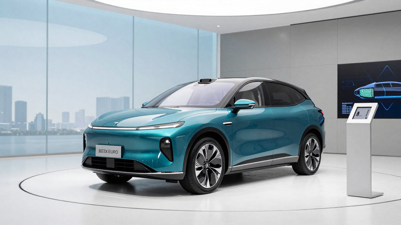 Blaugrünes Elektro-SUV in modernem Showroom vor Panoramafenster mit Stadtblick.