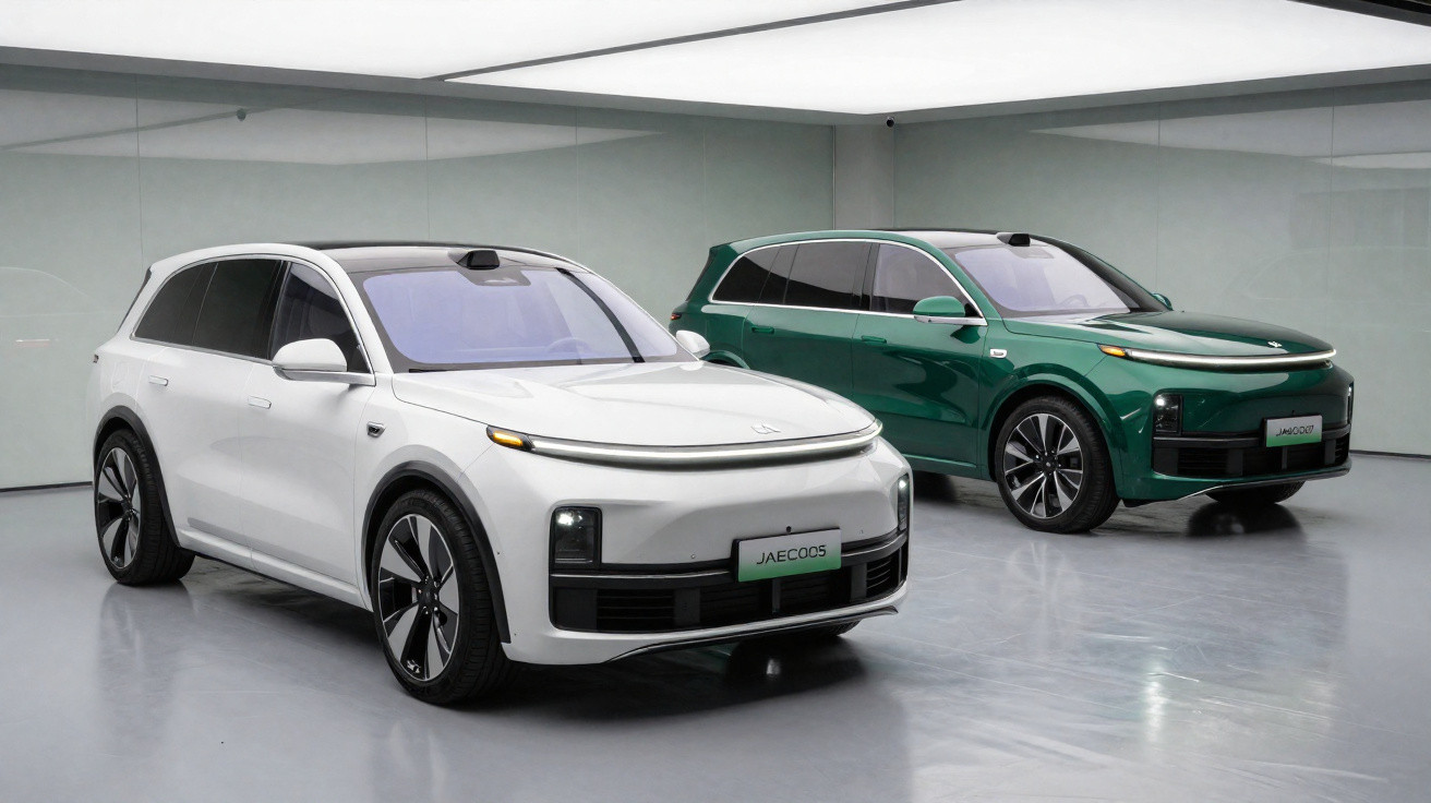 Zwei moderne SUVs in Weiß und Grün stehen in einem hellen, minimalistischen Ausstellungsraum.