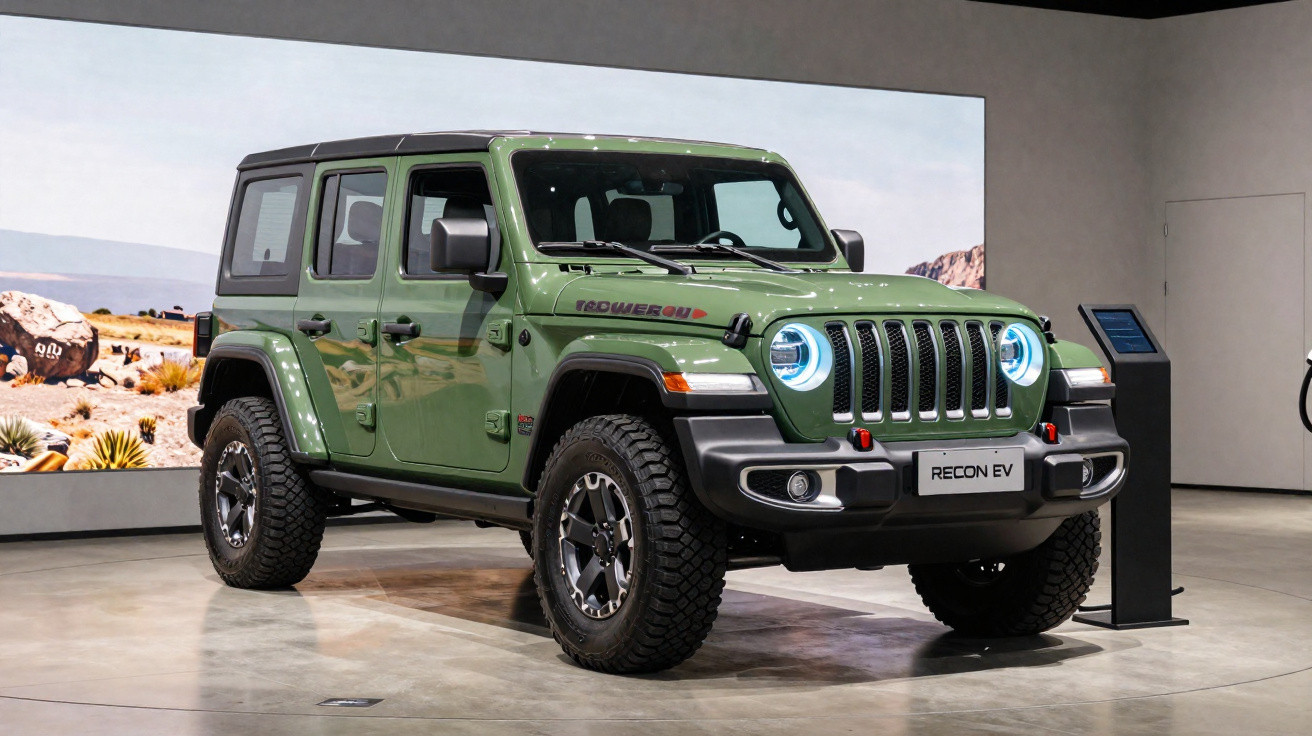 Grüner Jeep Wrangler mit LED-Scheinwerfern und All-Terrain-Reifen in moderner Ausstellungshalle.