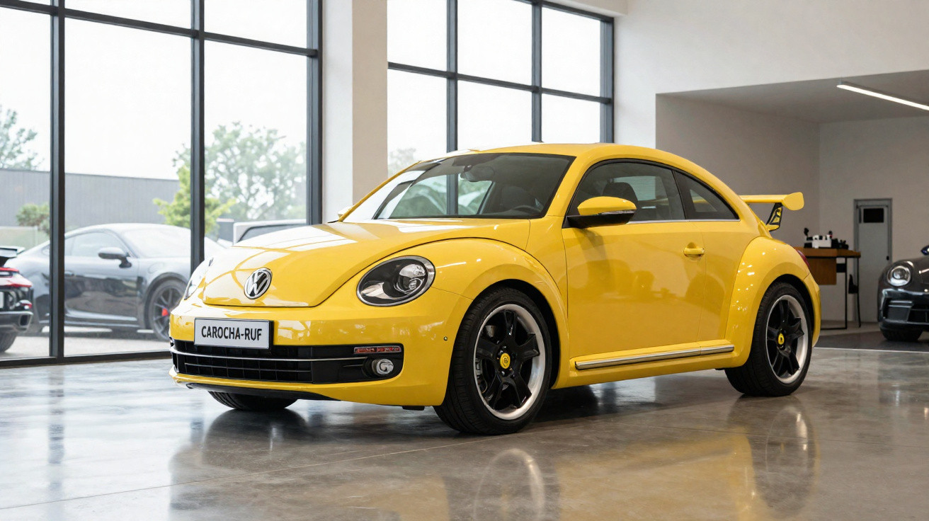Gelber Volkswagen Beetle mit schwarzem Spoiler und Felgen in moderner Ausstellungshalle.