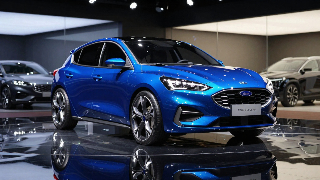 Blauer Ford Focus Legend auf spiegelnder Ausstellungsfläche in modernem Showroom.