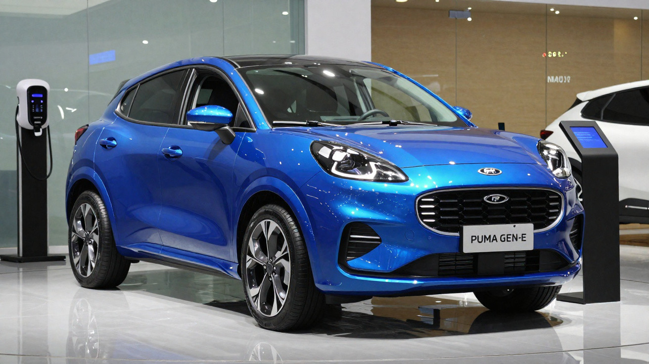 Blauer Ford Puma Gen-E Elektro-SUV in einem Ausstellungsraum neben einer Ladestation.
