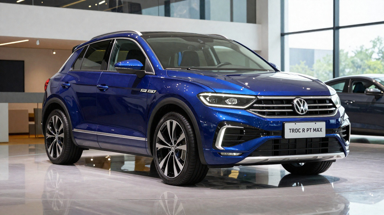 Blauer VW T-Roc R PT Max SUV im Ausstellungsraum, seitliche Frontansicht mit großen Rädern und moderner Beleuchtung.