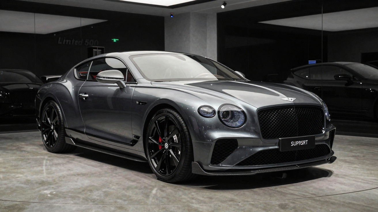 Sportlicher grauer Bentley Supersport in moderner Ausstellung mit schwarzem Hintergrund