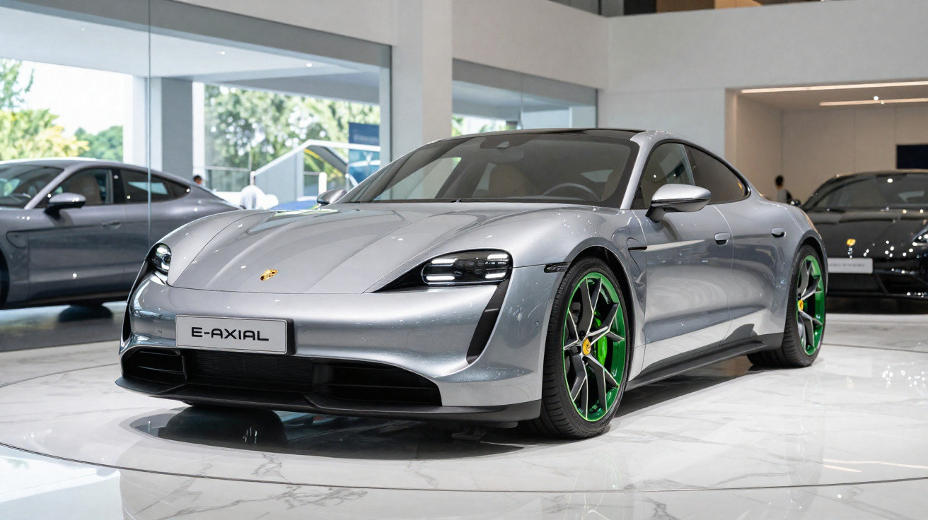 Silberner Porsche E-Axial mit grünen Felgen im modernen Autohaus auf weißem Marmorboden.