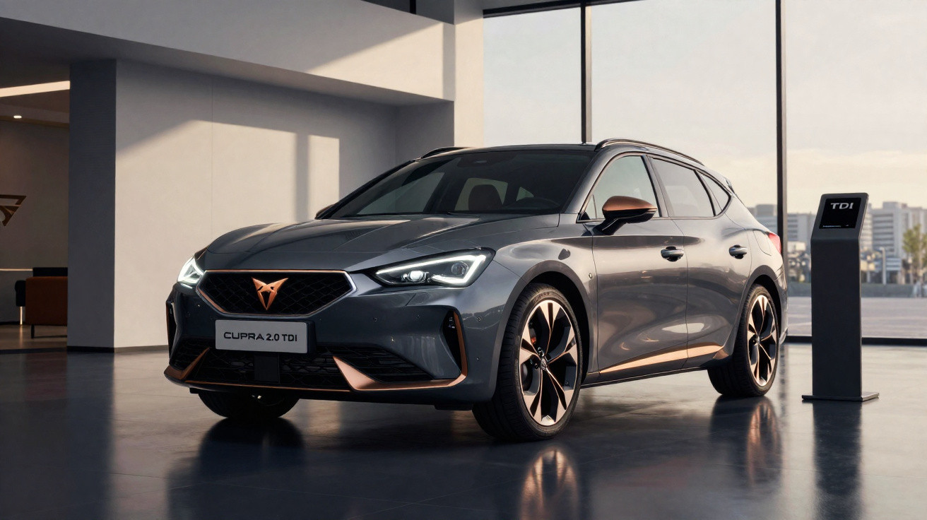 Grauer Cupra 2.0 TDI Kombi im modernen Showroom mit großen Fenstern und TDI-Informationsschild.
