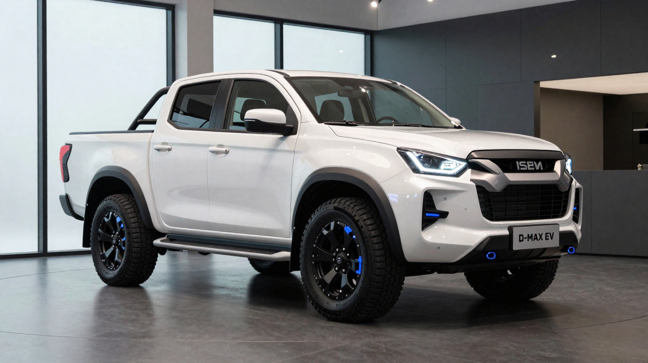 Weißer Isuzu D-Max EV Pickup in moderner Ausstellungshalle mit Beleuchtung und Glasfronten.