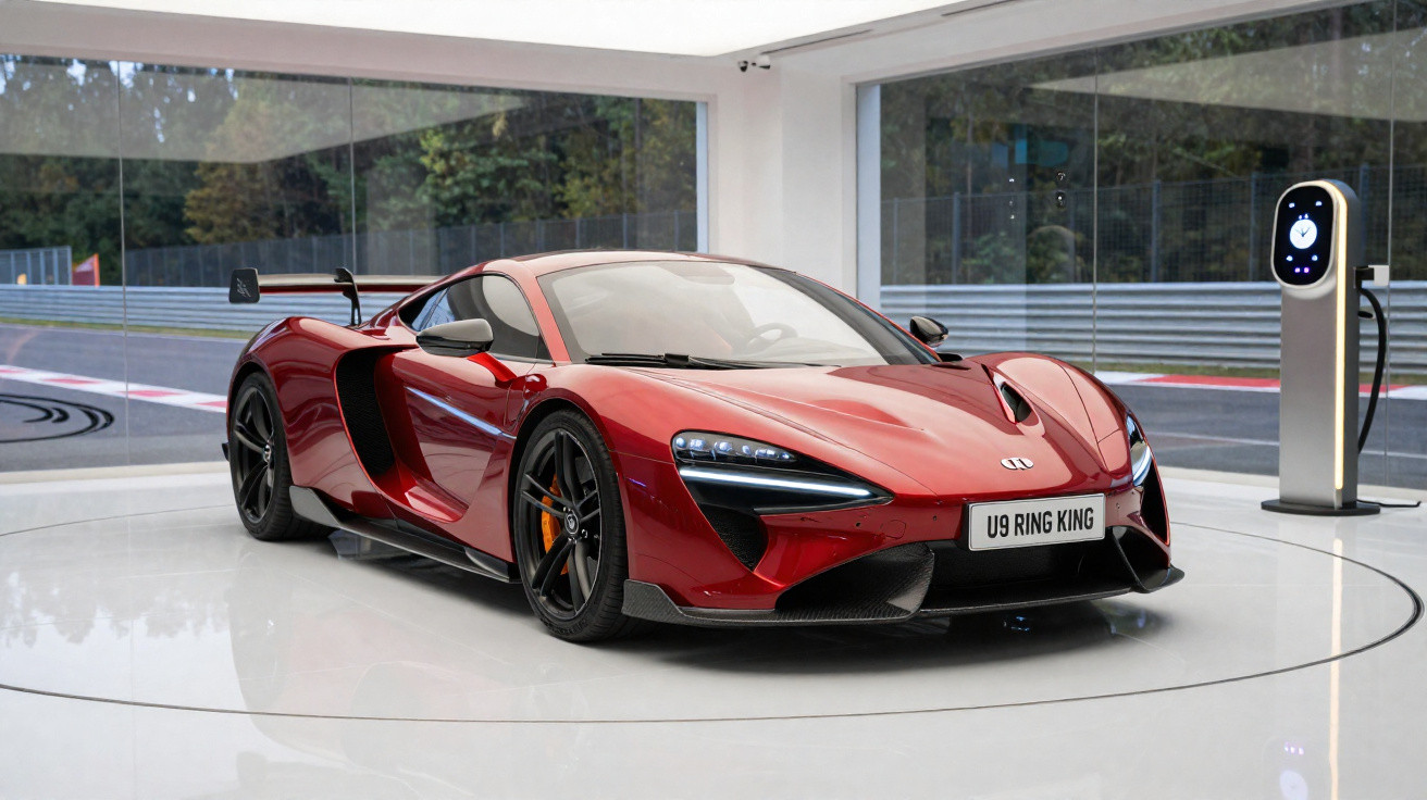 Roter McLaren-Sportwagen mit Spoiler in modernem Showroom neben Ladestation am Rennstreckenfenster.
