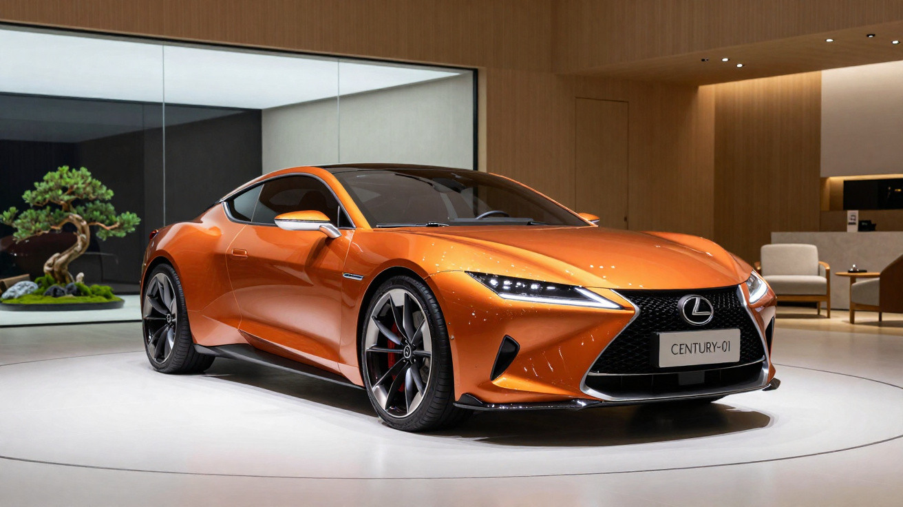 Oranger Lexus Century-01 Sportwagen im modernen Ausstellungsraum mit minimalistischer Einrichtung und Bonsai-Dekor.
