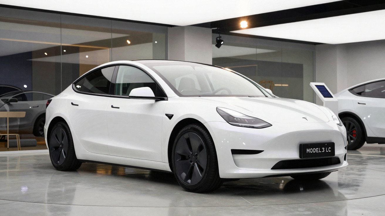 Weißer Tesla Model 3 in moderner Ausstellungshalle mit reflektierendem Boden und Glaswänden.