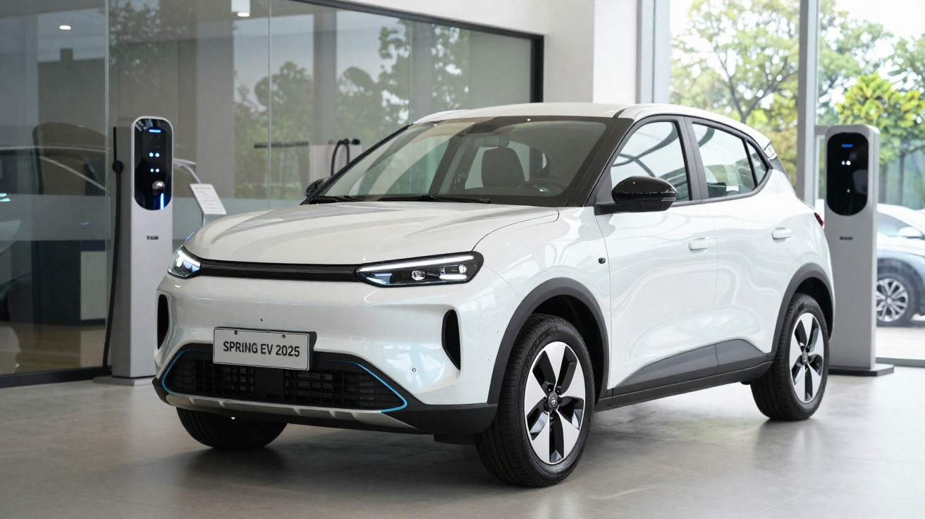 Weißes Elektro-SUV steht in moderner Ausstellungshalle neben zwei Ladestationen.