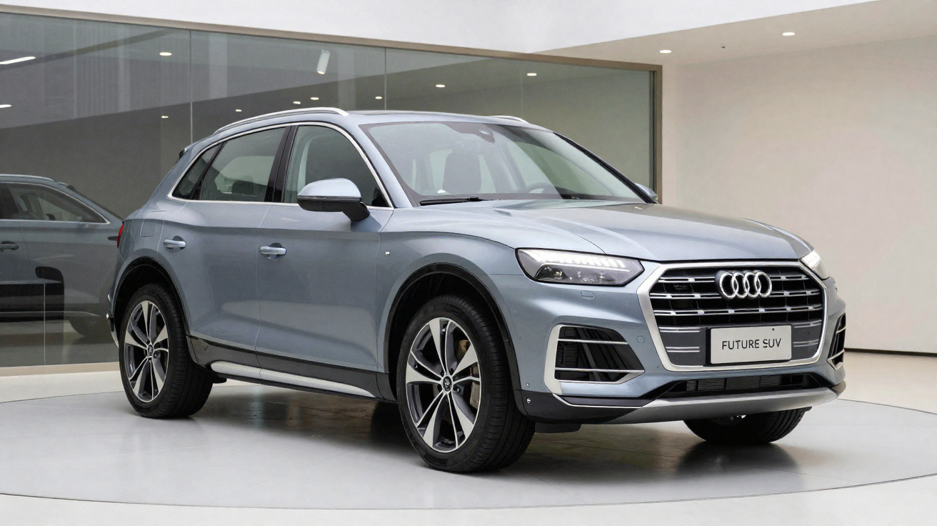Silberblauer Audi SUV mit modernem Design auf Ausstellungsfläche vor Glaswand in Innenraum.