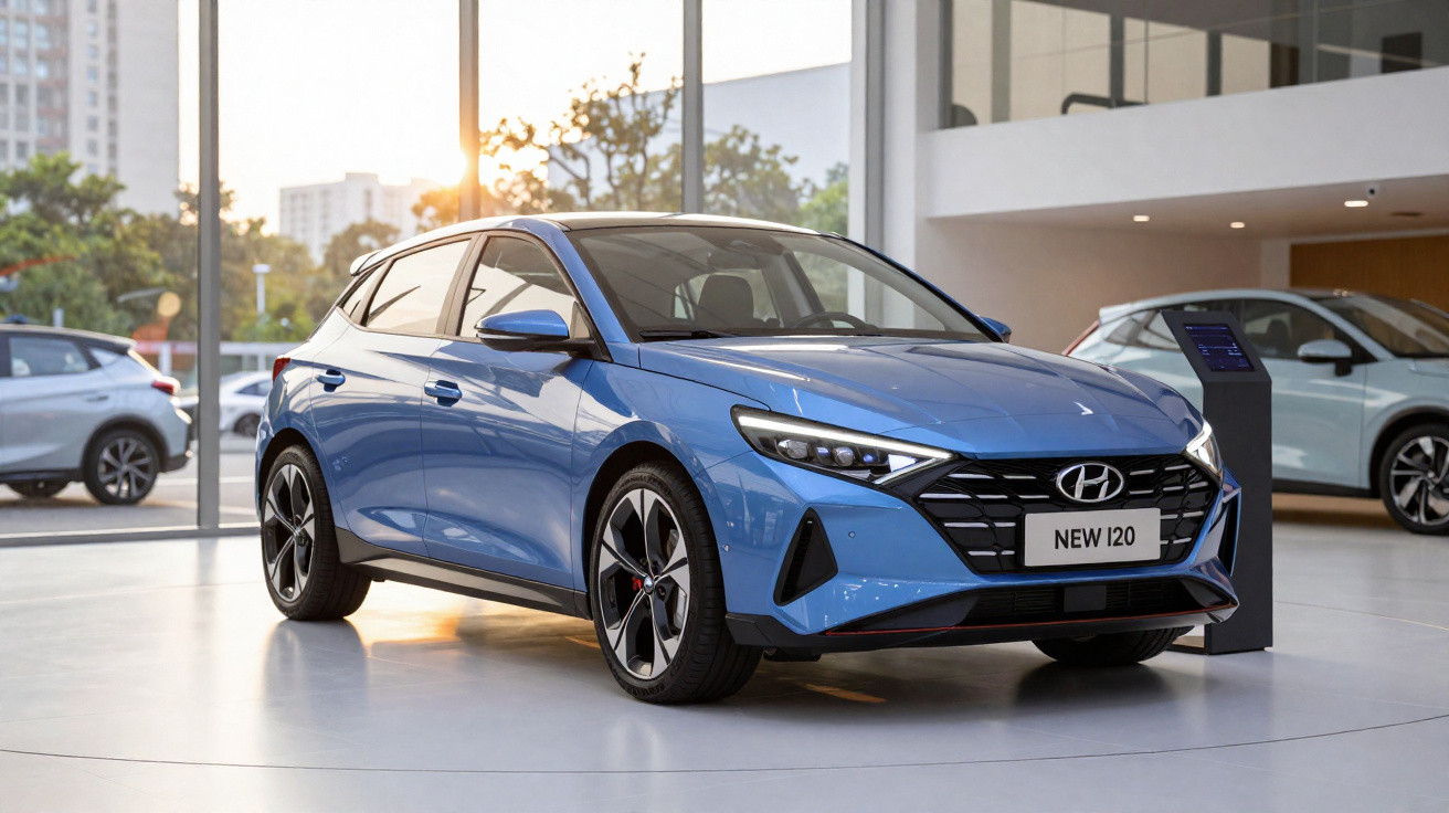 Blauer Hyundai i20 Neueste Modell in modernem Autohaus mit großen Fenstern bei Sonnenuntergang.