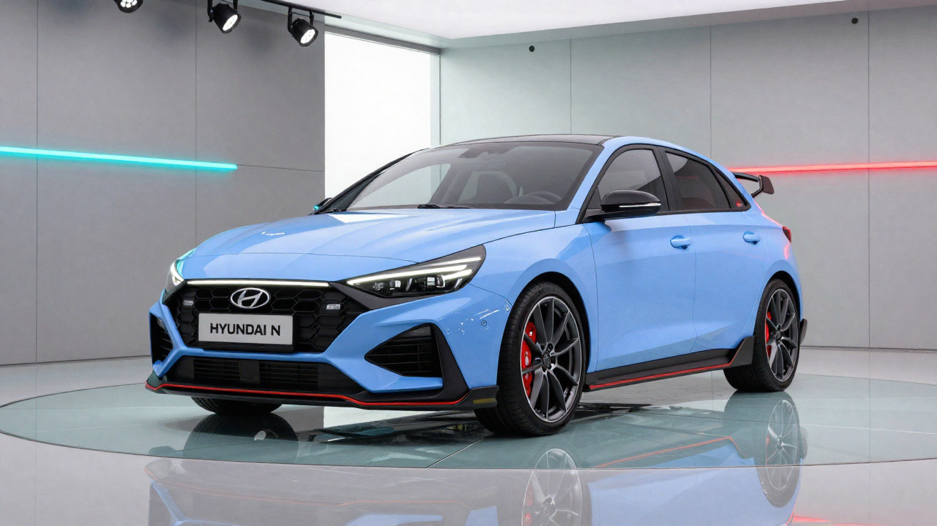 Blauer Hyundai i30 N mit sportlichem Design und rotem Akzent in moderner Ausstellungshalle auf drehbarer Plattform.