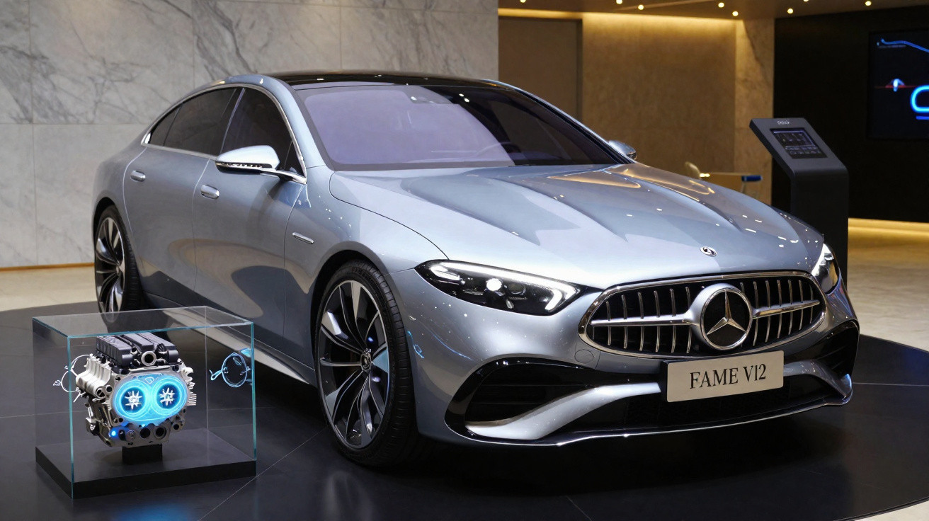 Silberner Mercedes FAME V12 Luxuswagen auf Ausstellung mit Motor im Glaskasten neben dem Fahrzeug.
