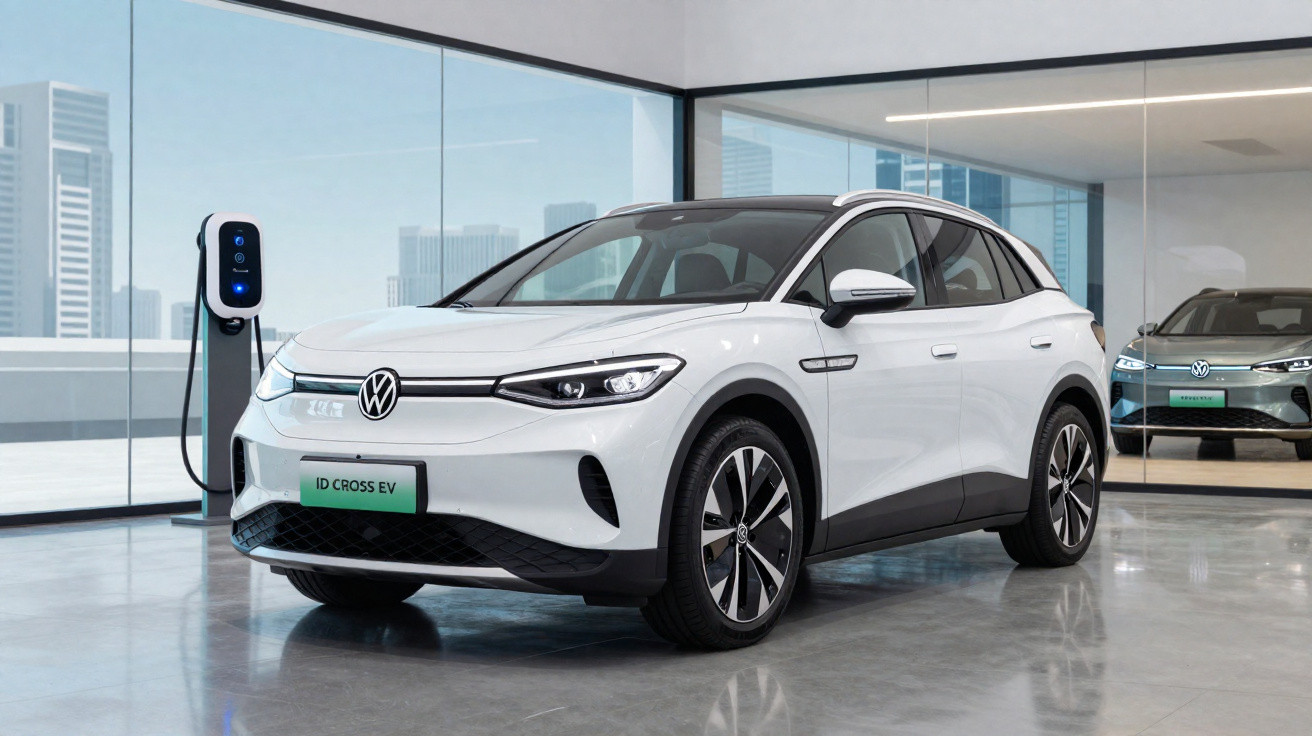 Weißer Volkswagen ID. Cross EV an einer Ladestation in modernem Ausstellungsraum mit Glasfront.