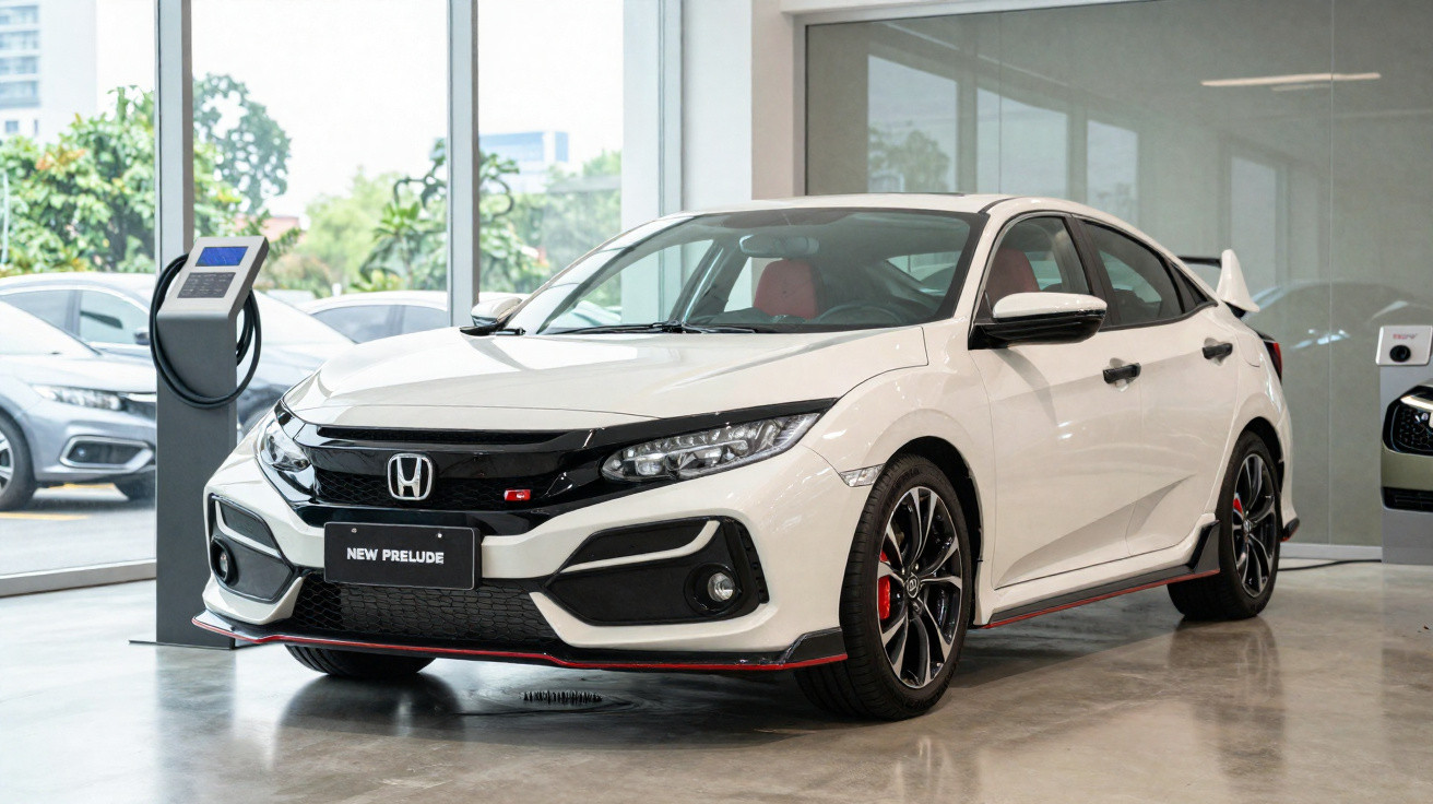 Weißer Honda New Prelude Sportwagen mit roten Akzenten in einem modernen Autohaus.