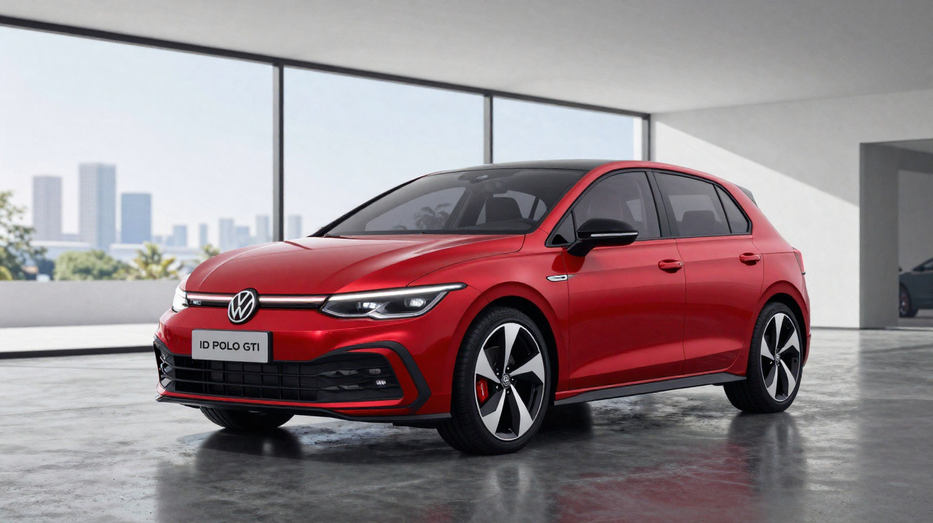 Roter VW ID Polo GTI steht in modernem, hellen Raum mit großen Fenstern und Stadtsilhouette im Hintergrund.