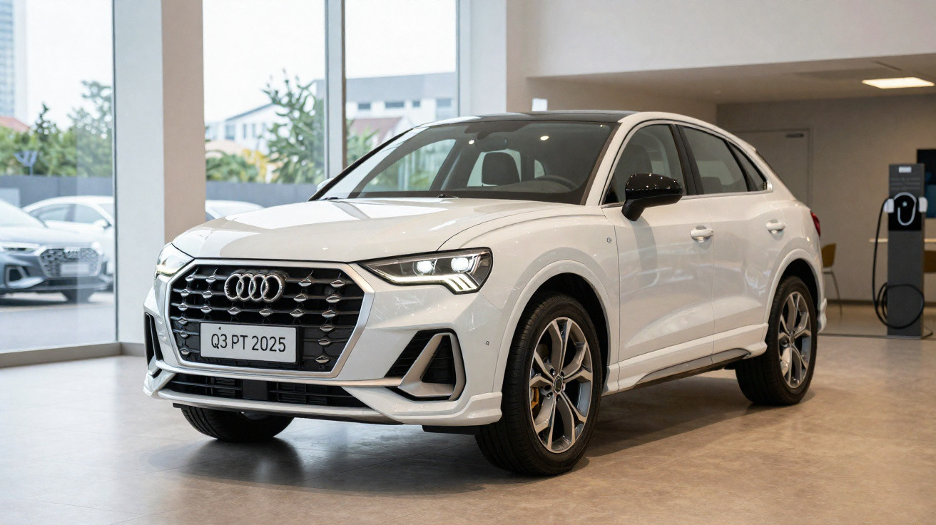Weißer Audi Q3 SUV 2025 in einem hellen Ausstellungsraum, frontal seitlich sichtbar, modernes Design.