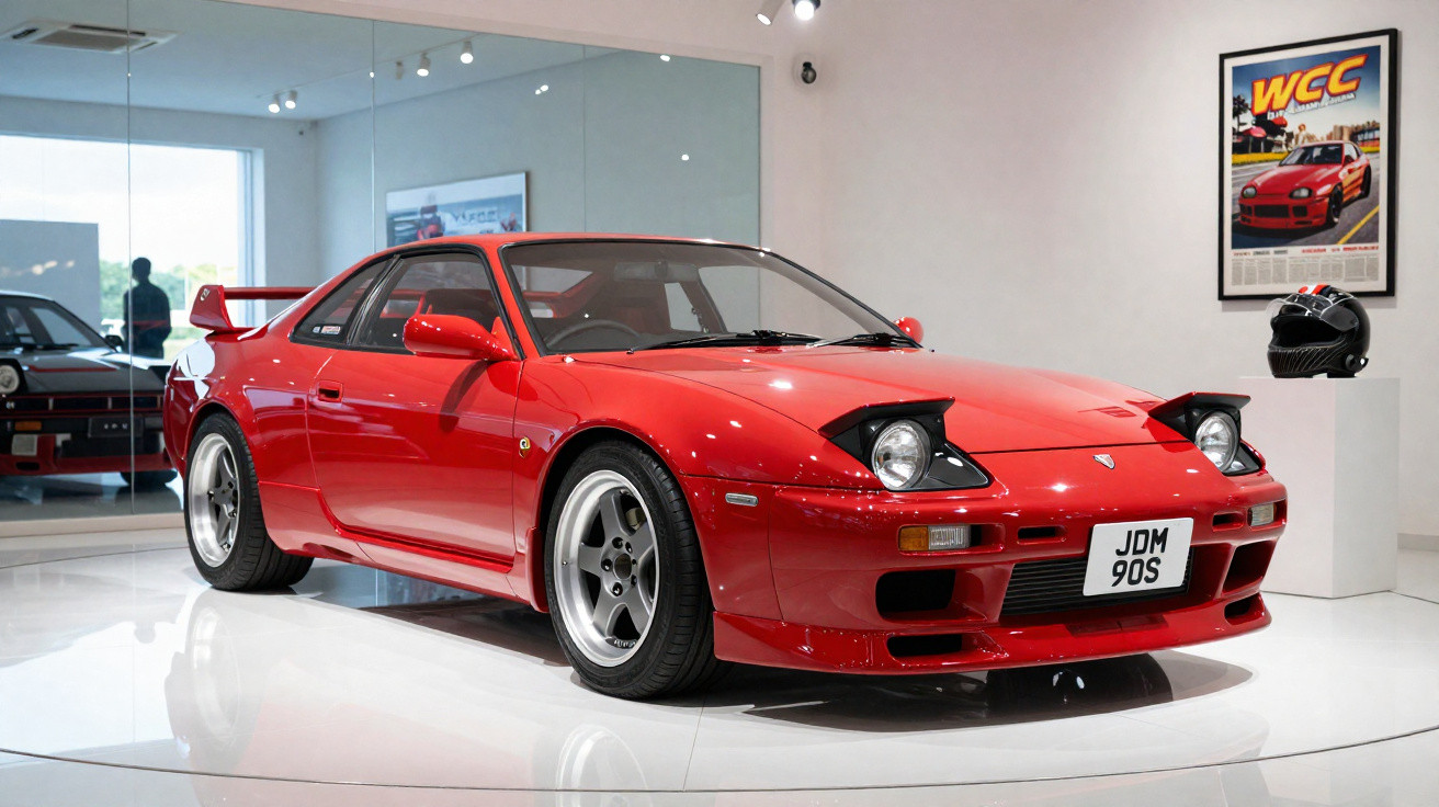 Roter Sportwagen mit Klappscheinwerfern, breitem Bodykit und Spoiler in modernem Ausstellungsraum.