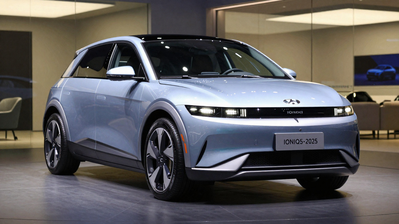 Silberner Hyundai Ioniq 5 Elektroauto, Modell 2025, in modernem Ausstellungsraum abgebildet.