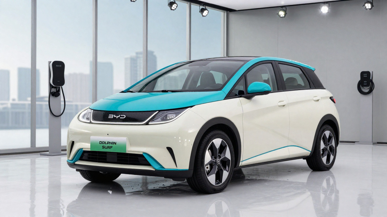 Elektroauto BYD Dolphin Surf in Weiß und Blau steht in einem modernen Ausstellungsraum mit Ladestationen.