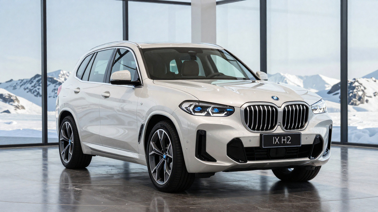 Weißer BMW iX H2 Elektro-SUV in modernem Showroom vor verschneiter Berglandschaft.