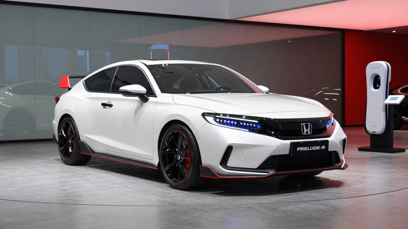 Weißer Honda Prelude-R Sportwagen auf Messe mit schwarzem Akzent und leuchtenden Frontscheinwerfern, Ladestation im Hintergru
