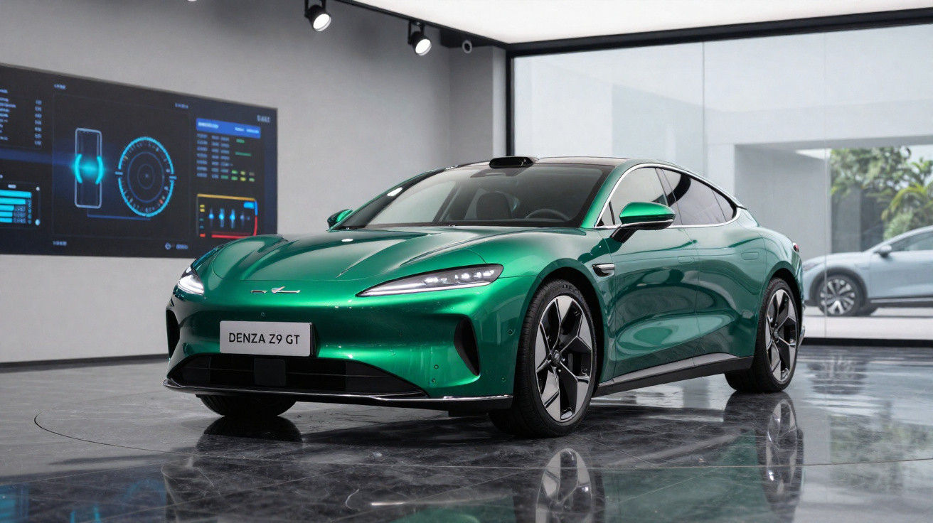 Grünes Elektroauto Denza Z9 GT in modernem Showroom mit digitaler Anzeige im Hintergrund.