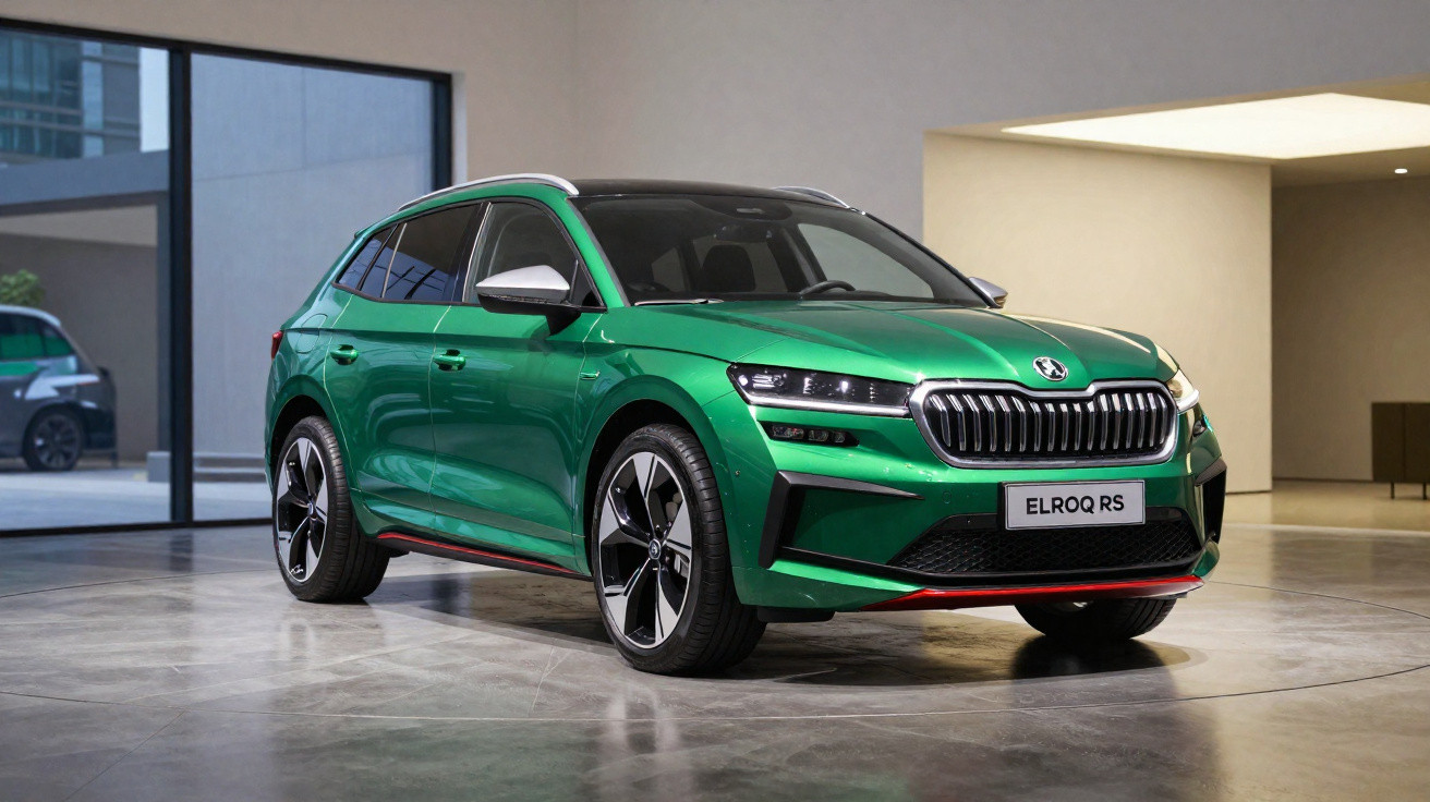 Grüner Škoda ELROQ RS SUV steht in modernem, minimalistischen Ausstellungsraum mit großen Fenstern.