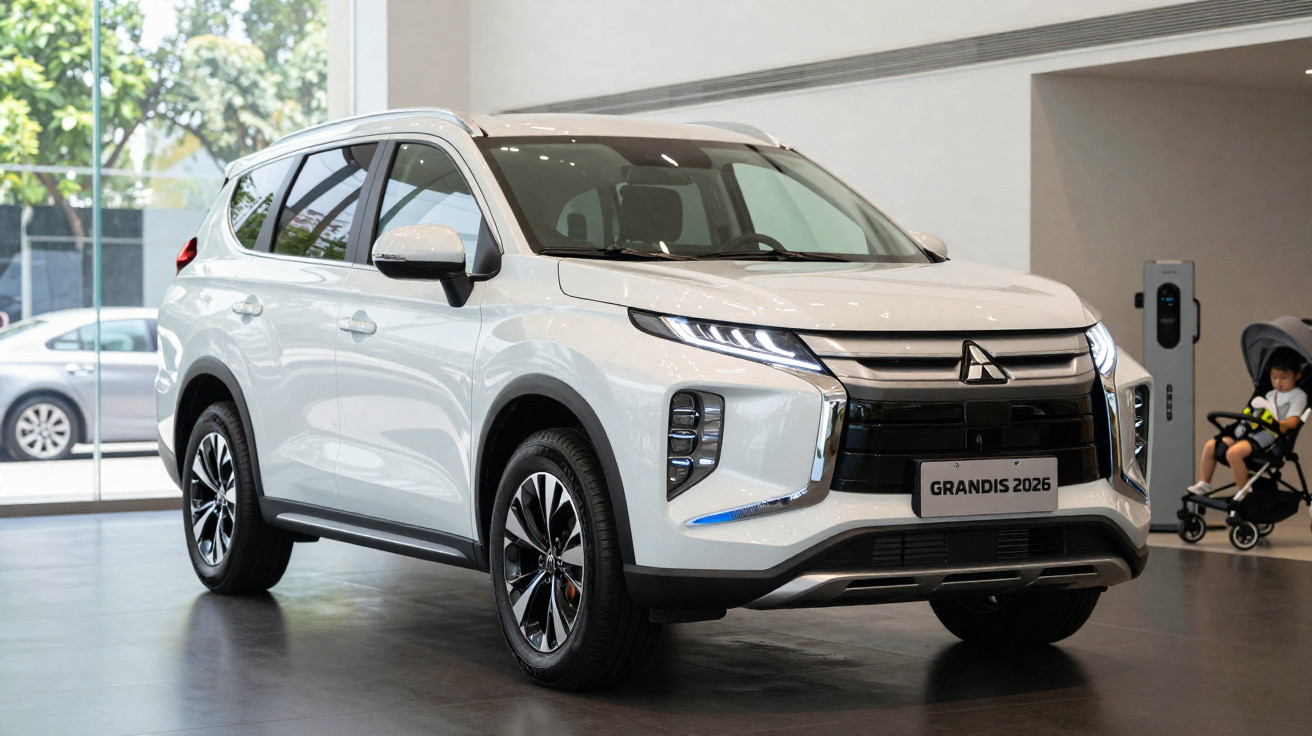 Weißer Mitsubishi Grandis 2026 SUV im Ausstellungsraum mit modernen LED-Scheinwerfern.