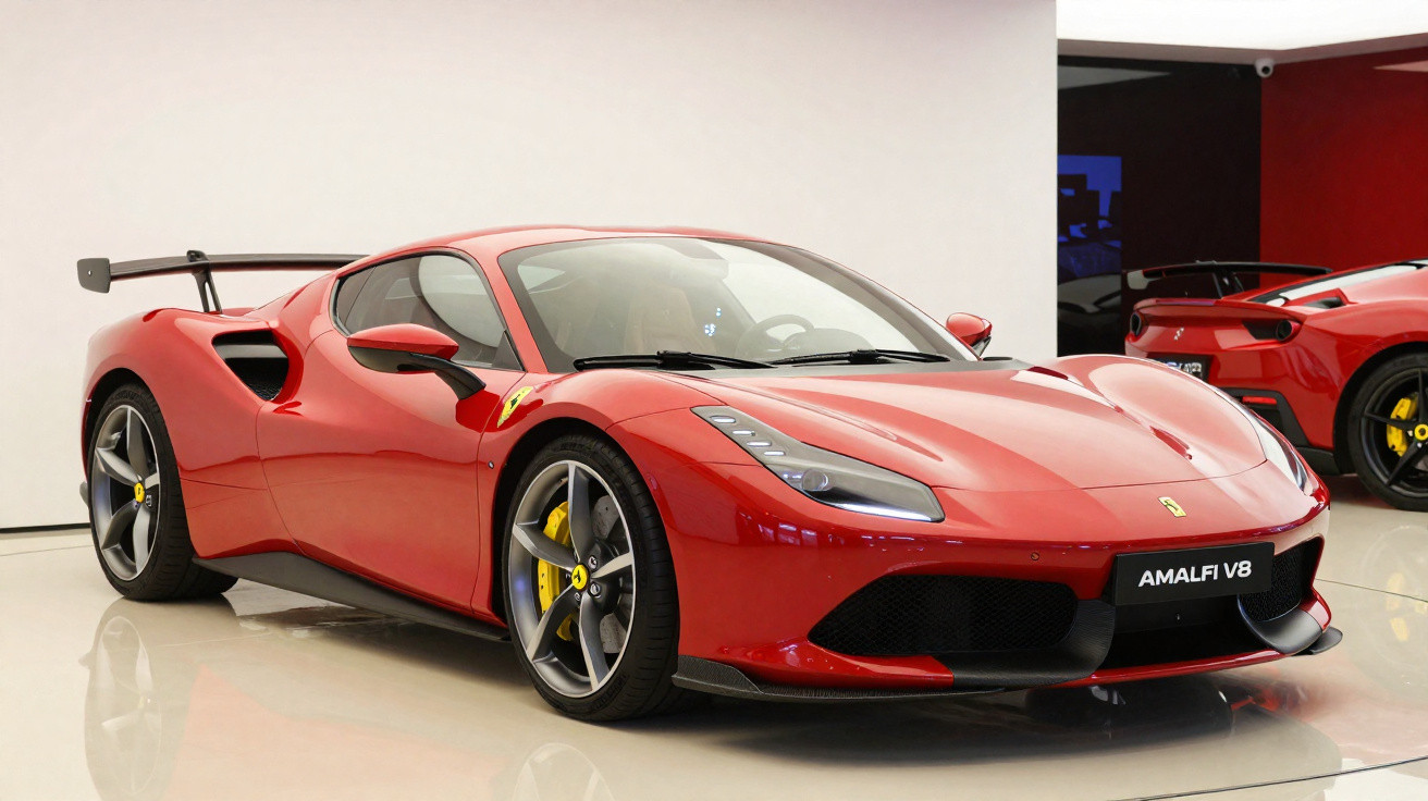 Roter Ferrari Amalfi V8 Sportwagen in einer Ausstellung mit schwarzem Heckflügel und gelben Bremsen.