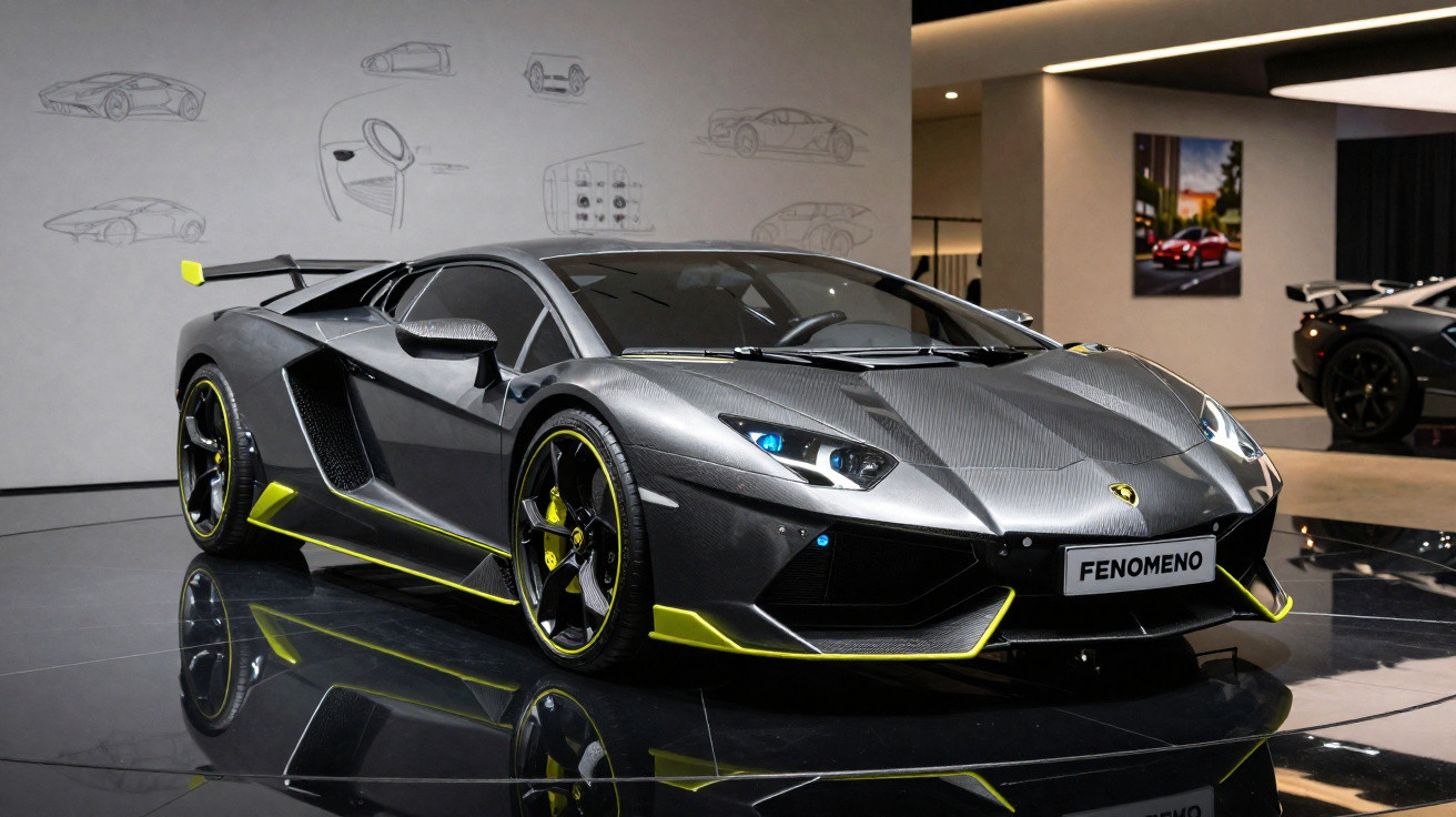 Schwarzer Lamborghini Supersportwagen mit gelben Akzenten auf glänzendem Ausstellungsboden, Skizzen an der Wand.